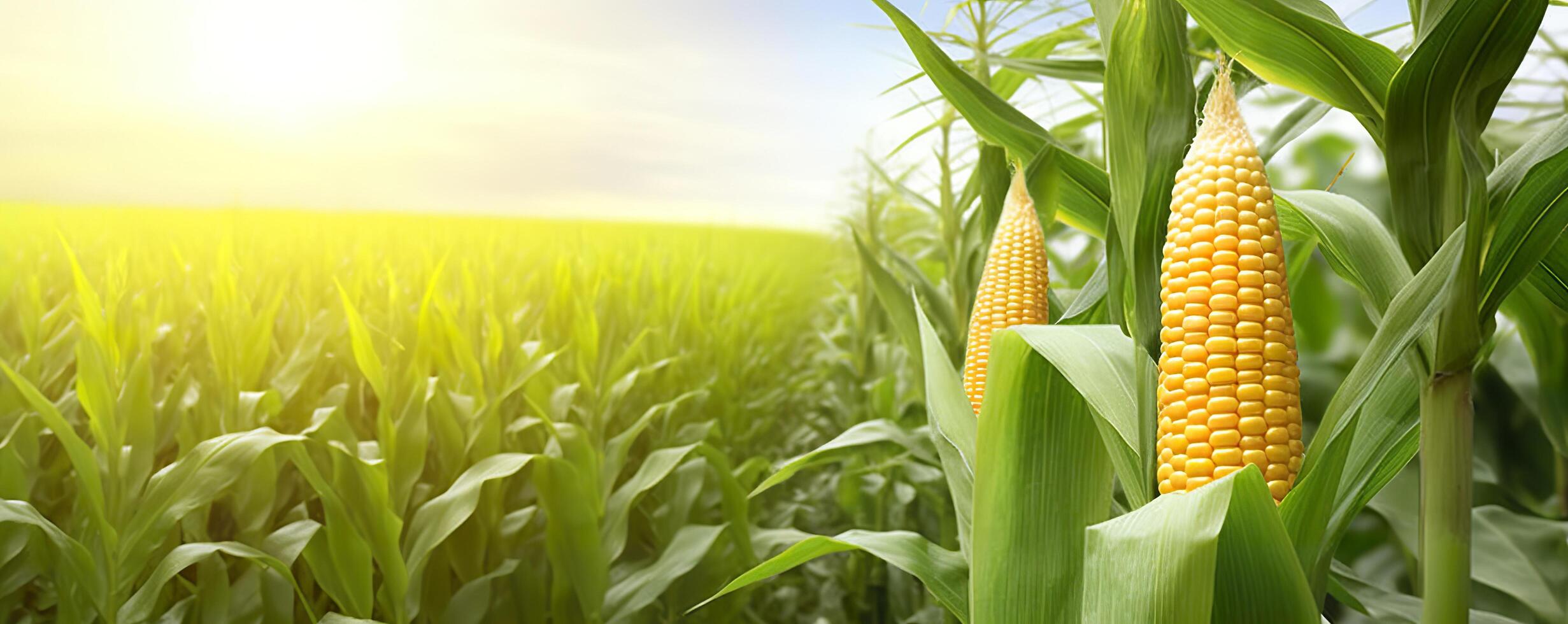 de cerca maíz mazorcas en maíz plantación campo. generativo ai foto