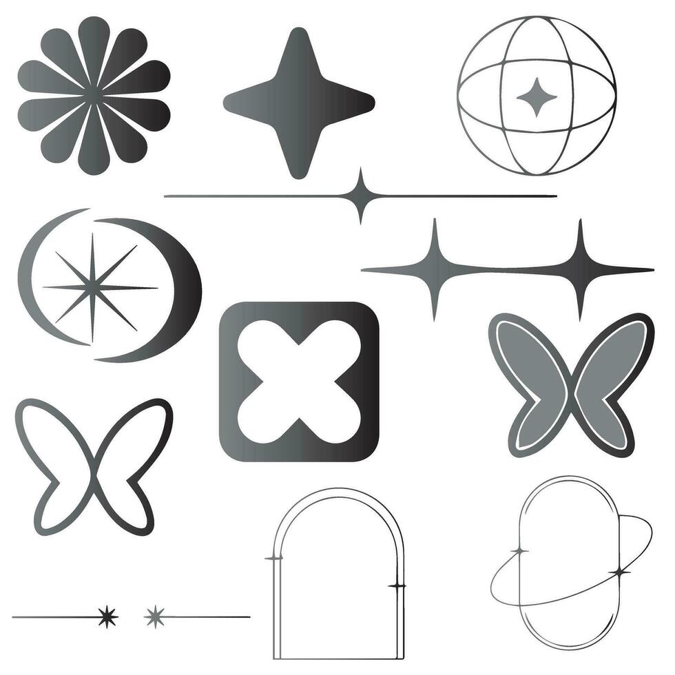 Vector set of Y2K stars, starburst and retro futuristic graphic ornaments for decoration.