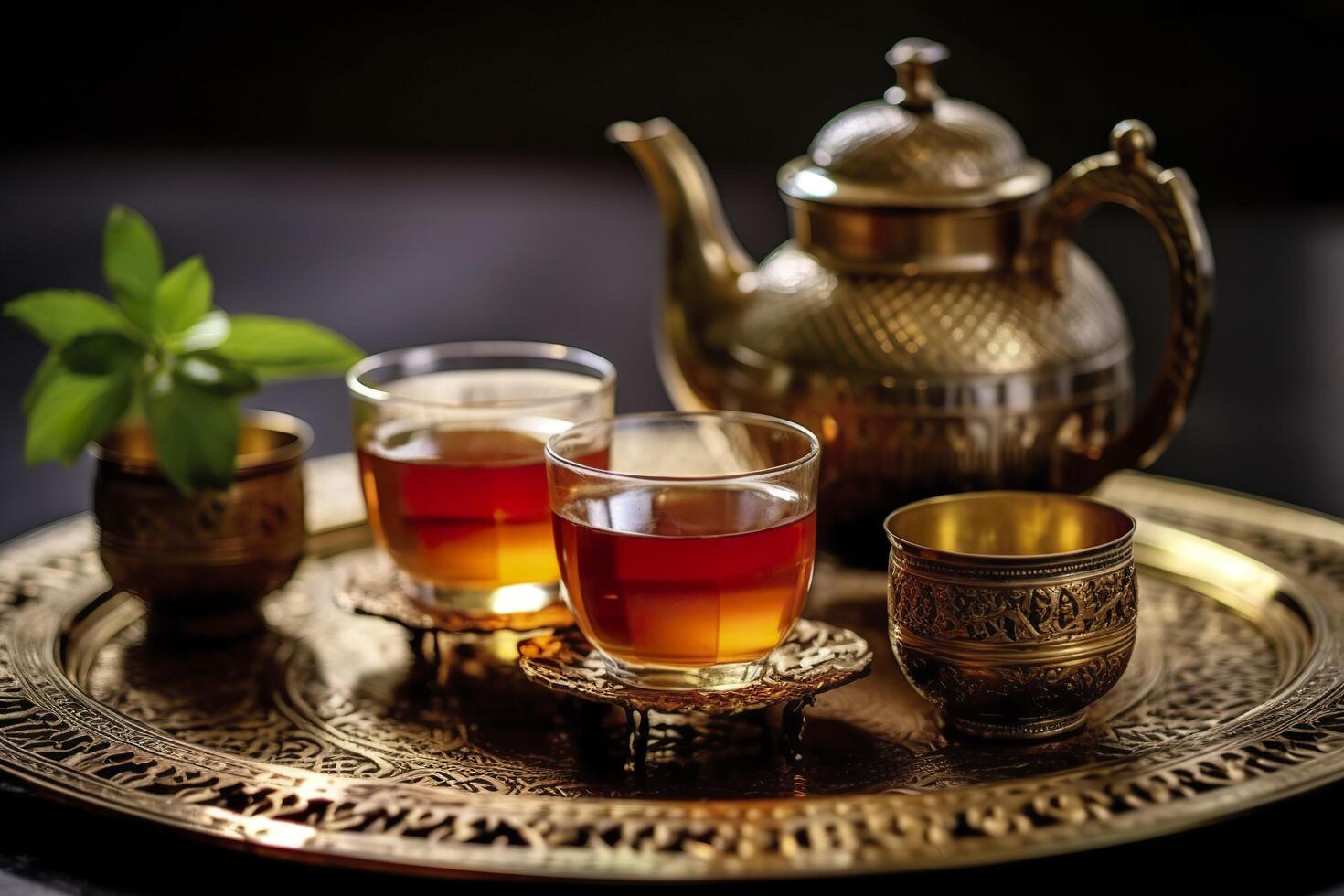 Traditional Moroccan tea set with decorative teapots, glasses, and mint leaves. Generative AI photo