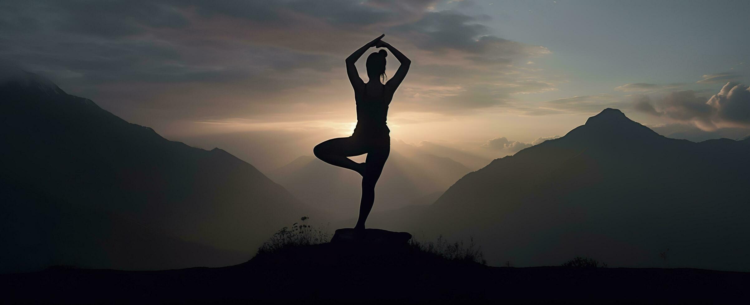 silhouette of a woman practicing yoga in the summit with mountain Background. AI Generated photo