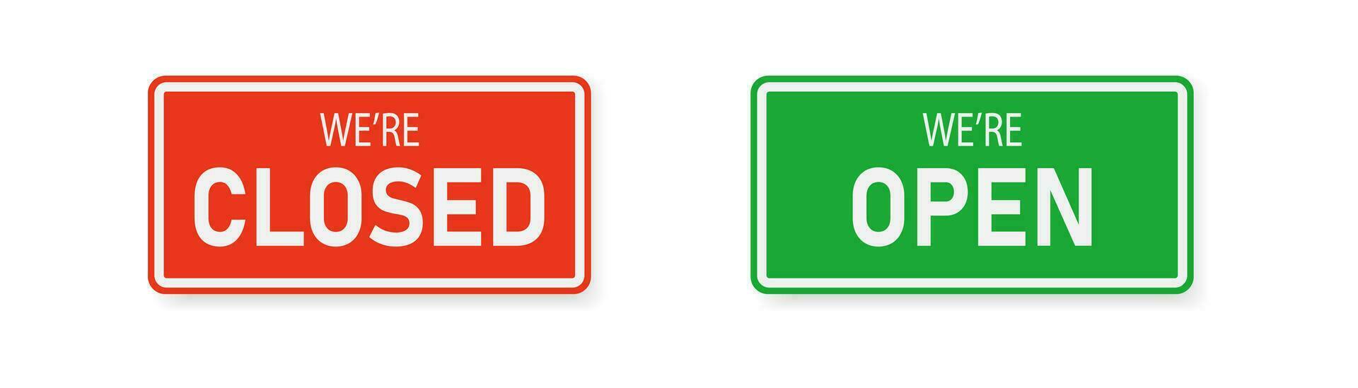 Welcome we're open and sorry we're closed red and green signboard with a rope vector illustration.
