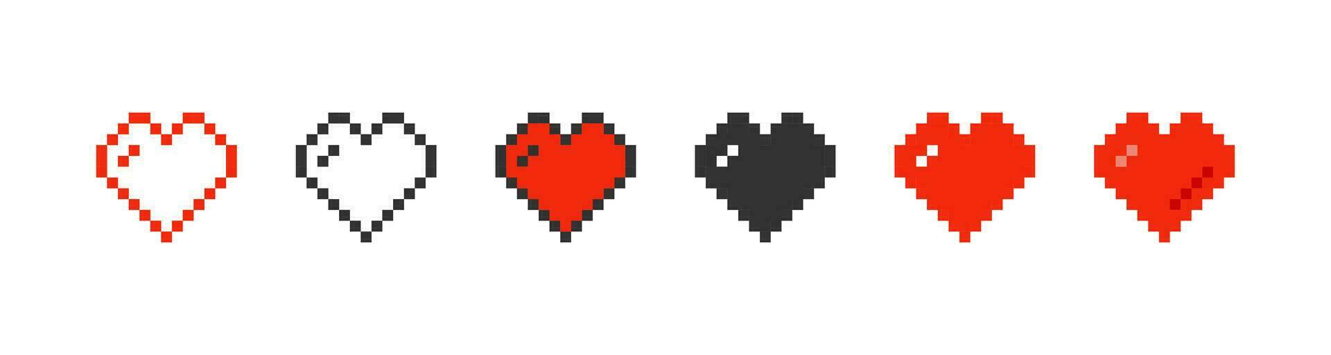 Pixelated heart in different styles icon set. Pixel game life symbol. Cute st valentine's day red heart, game element. Outline flat and colored style. Vector illustration.