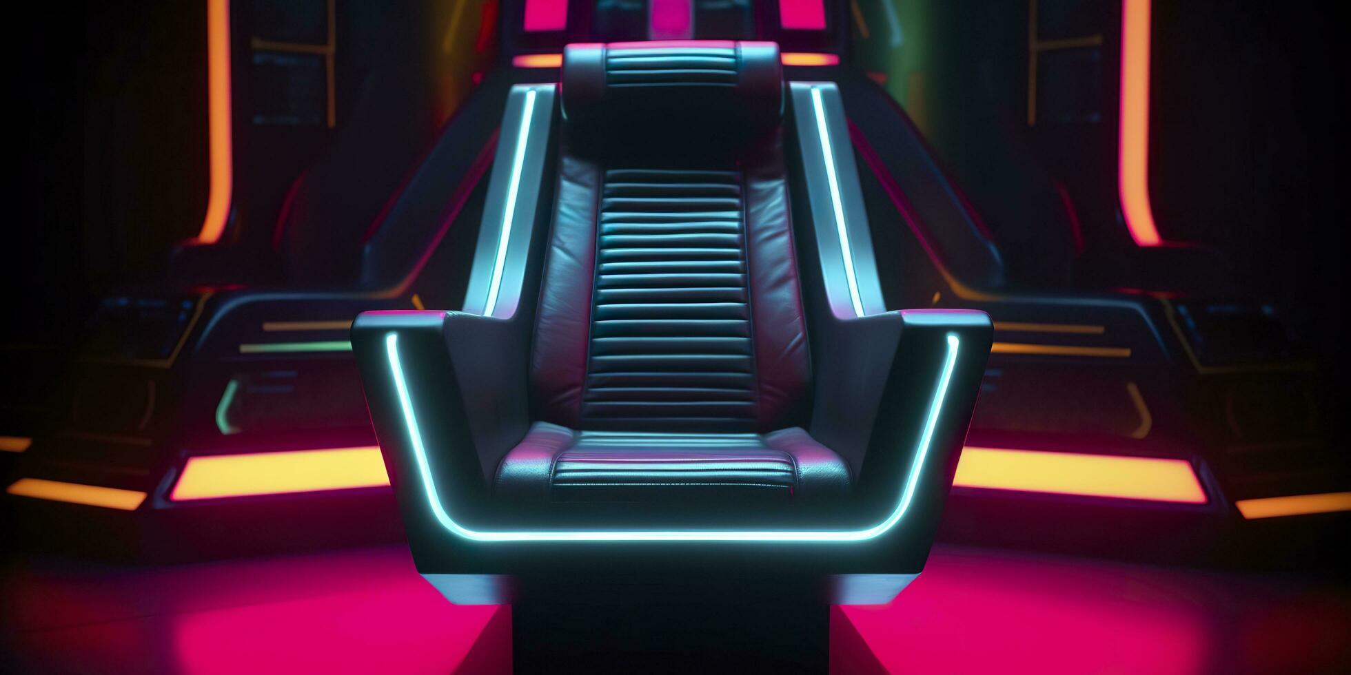 80s Inspired Captain Chair from Star Trek with Neon Lights and Cockpit Interior Background. AI Generative photo