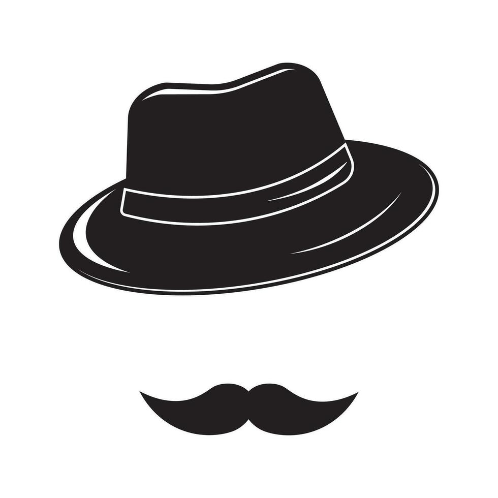 An icon of a gentleman. Hat. Moustache. Vector icon of an unknown man with a mustache, hat, glasses. The badge of an inspector or detective.