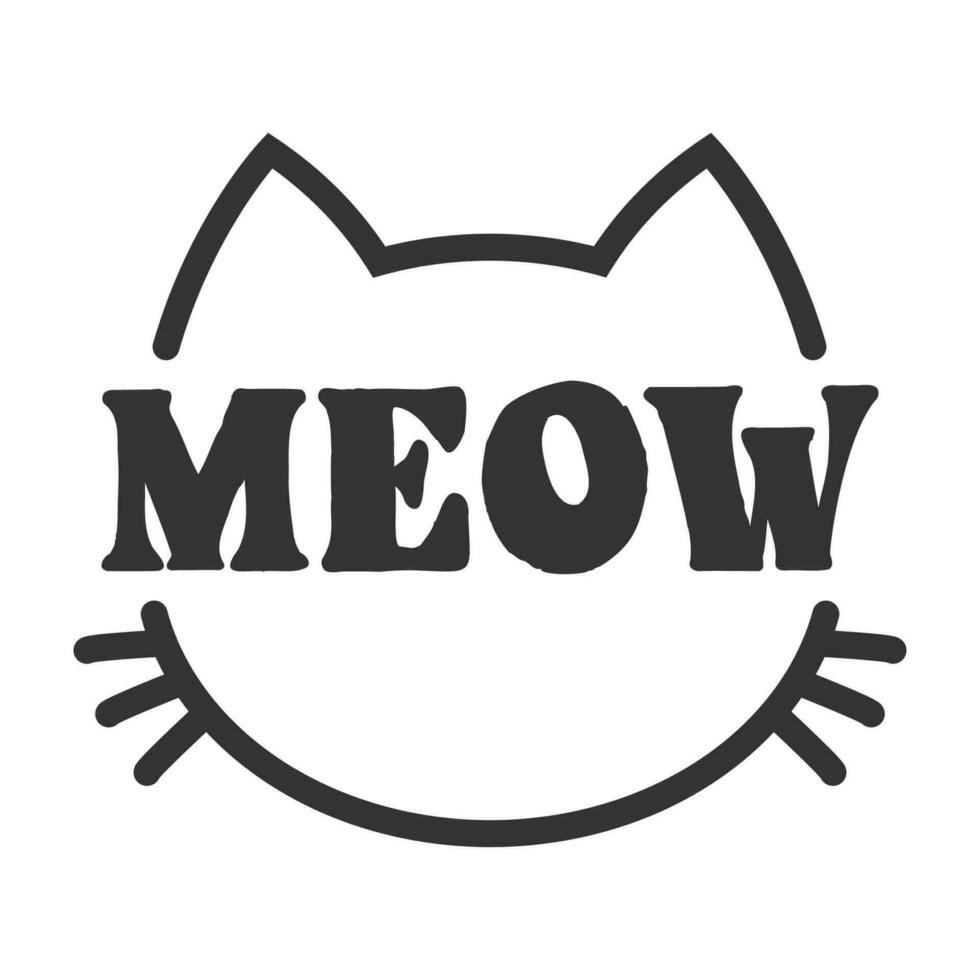 Meow lettering inside cat head pictogram, with ears and whiskers. Cute design for feline lovers and cat moms. vector