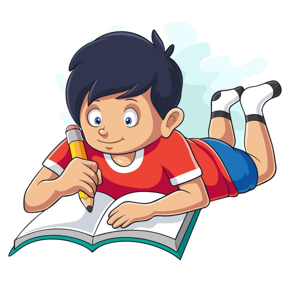 Happy little boy laying and reading a book vector