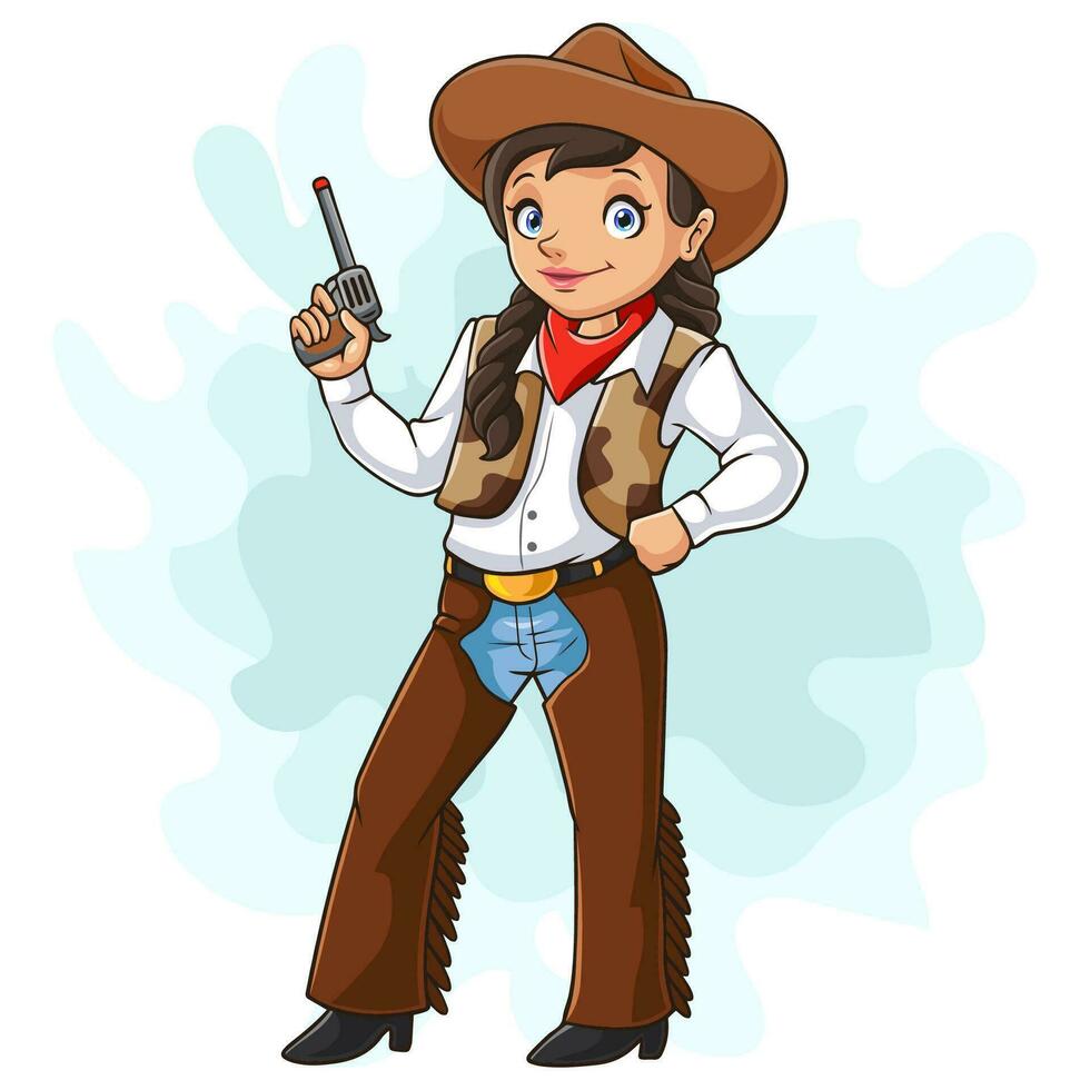 Cartoon cowgirl kid wearing western costume vector