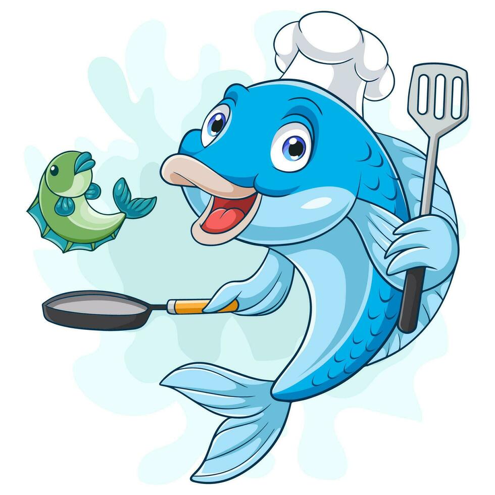 dibujos animados pescado cocinero participación un fritura pan y espátula vector