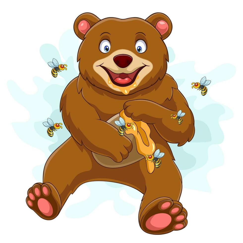 Cartoon funny baby bear holding honey pot isolated on white background vector