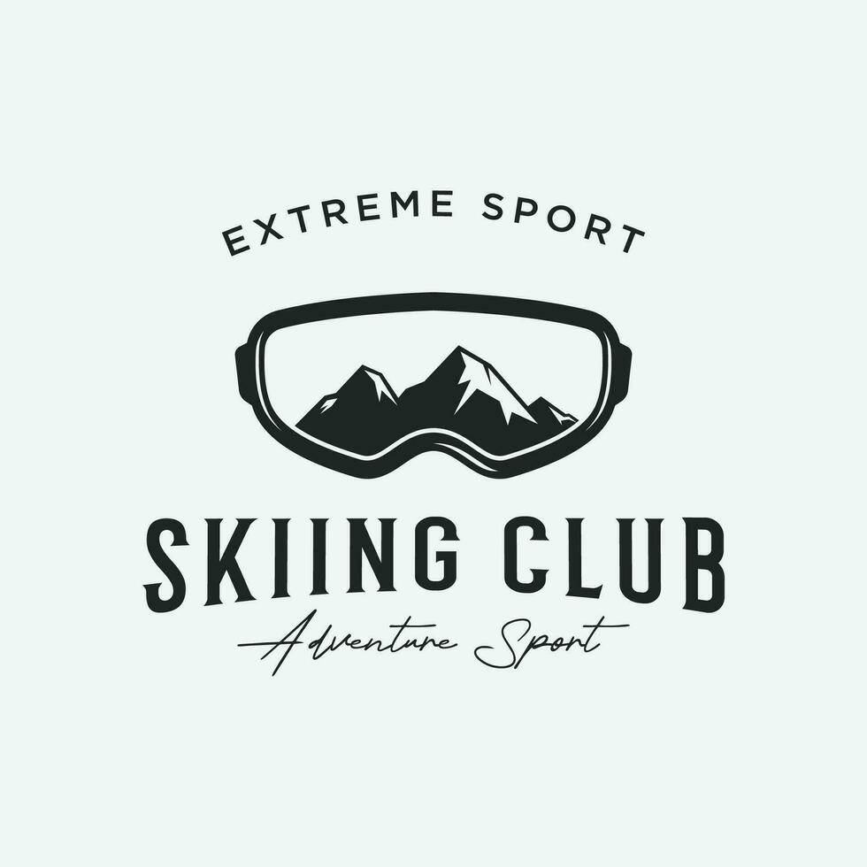 Retro ski sport template Logo element on vintage winter, with skis and mountain.Logo for ski sport, club, badge and label. vector