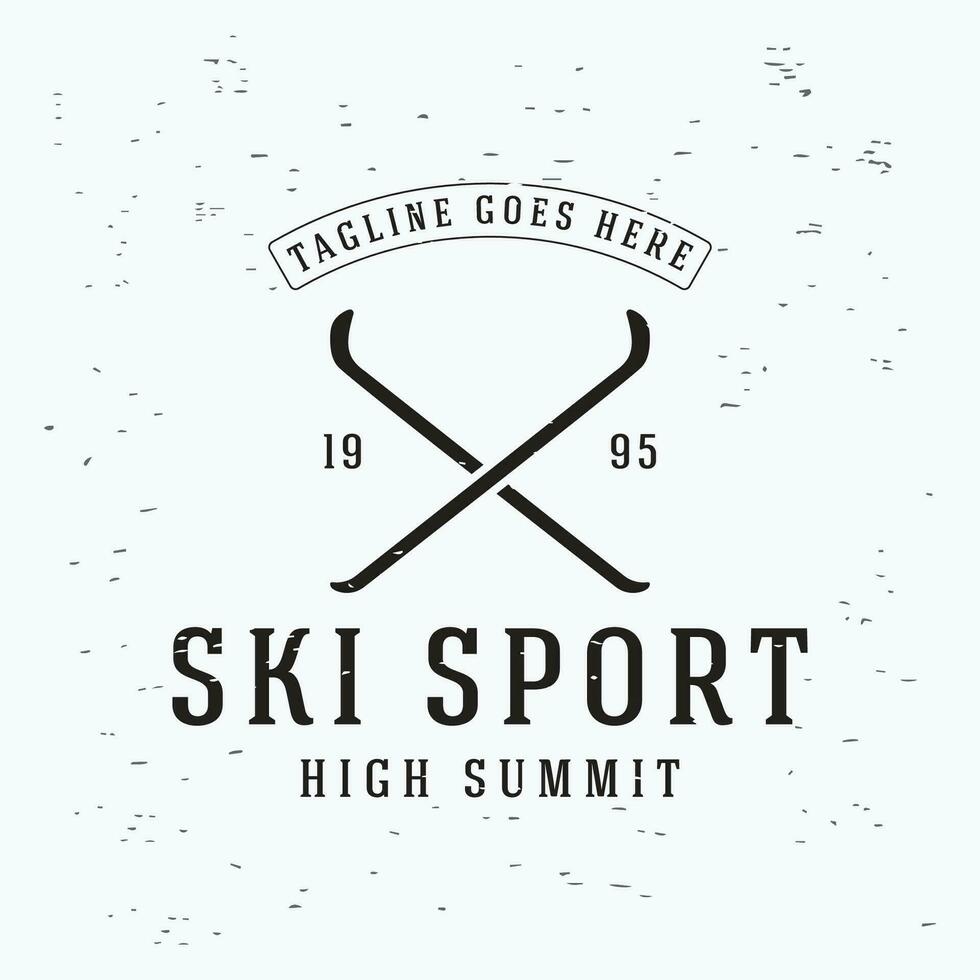 Retro ski sport template Logo element on vintage winter, with skis and mountain.Logo for ski sport, club, badge and label. vector