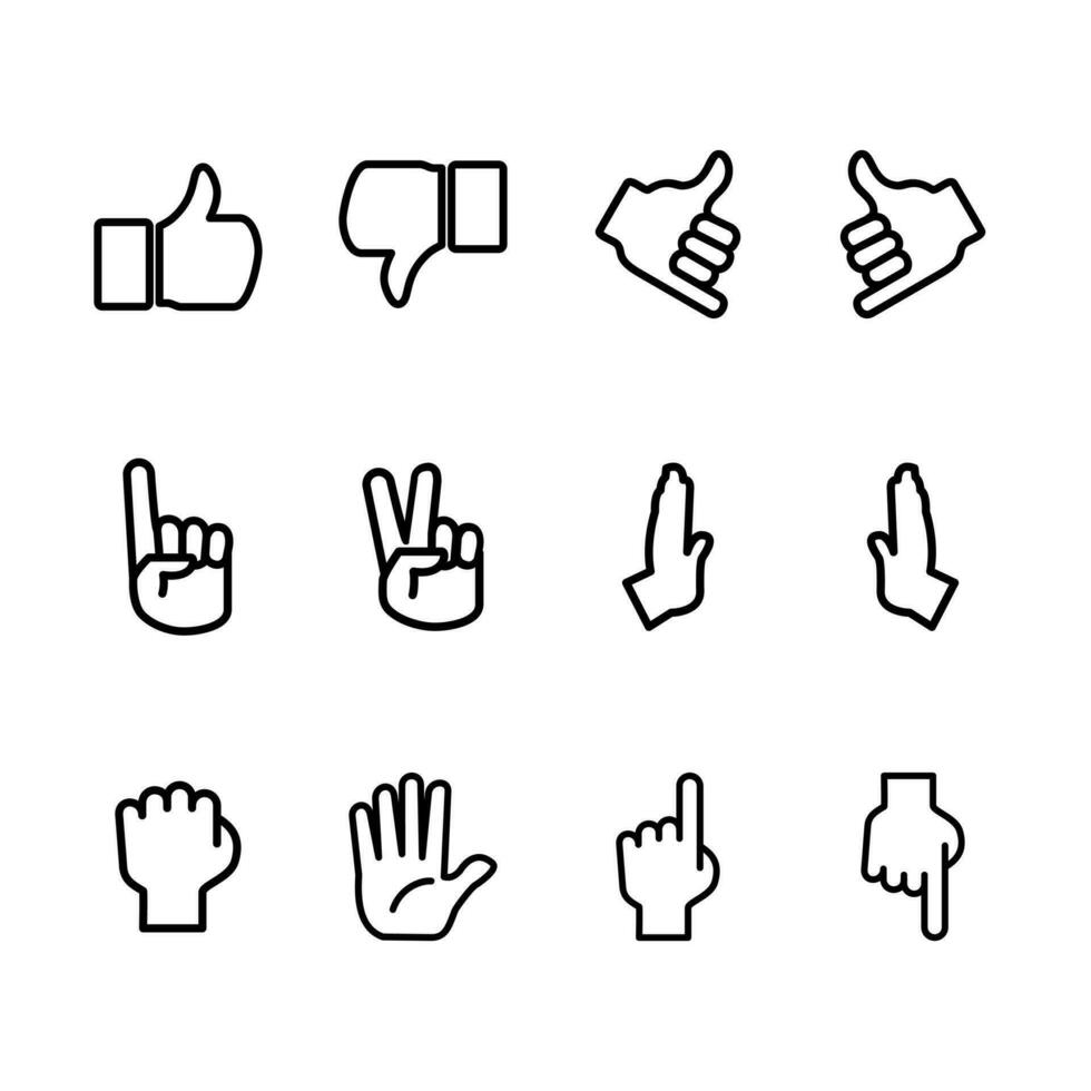 set of hand gestures, line style icon and white background, vector illustration