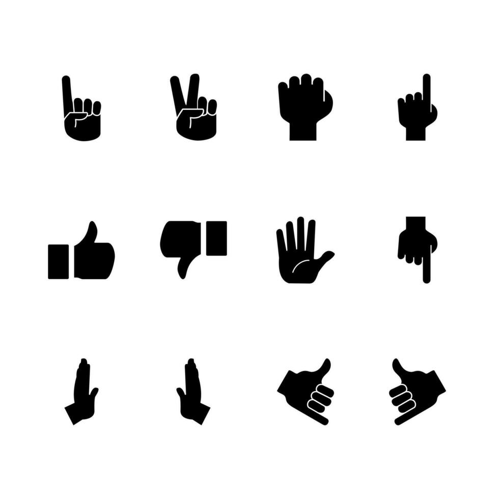 set of hand gestures, black icon and white background, vector illustration