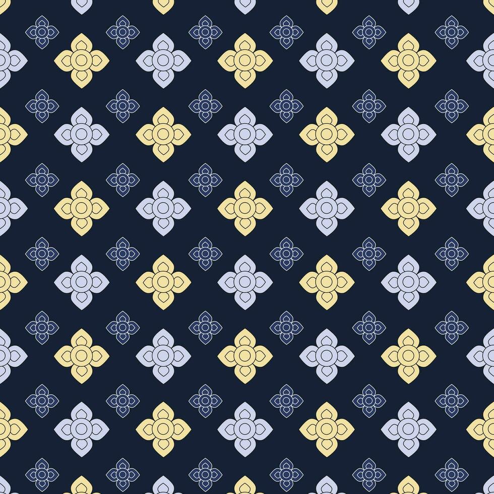 Seamless large and small flowers of Thai art pattern on navy blue background. vector