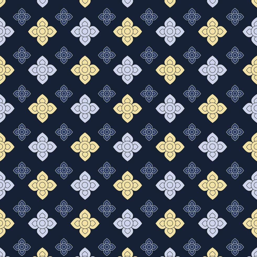 Seamless large and small flowers of Thai art pattern on navy blue background. vector