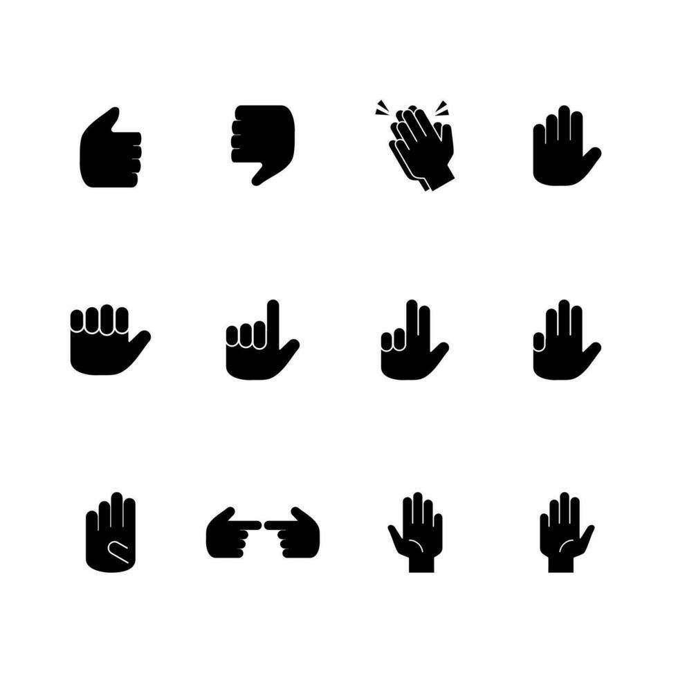 set of hand gestures, black icon and white background, vector illustration