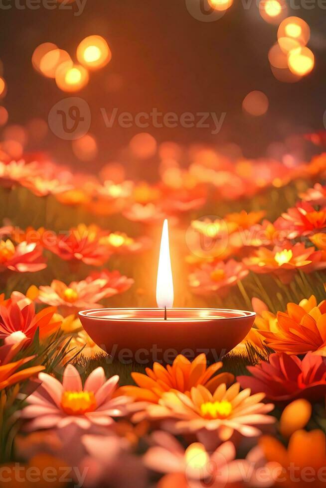 Diwali Candle Surrounded By Beautiful Flowers In A Night Scenery AI Generative photo