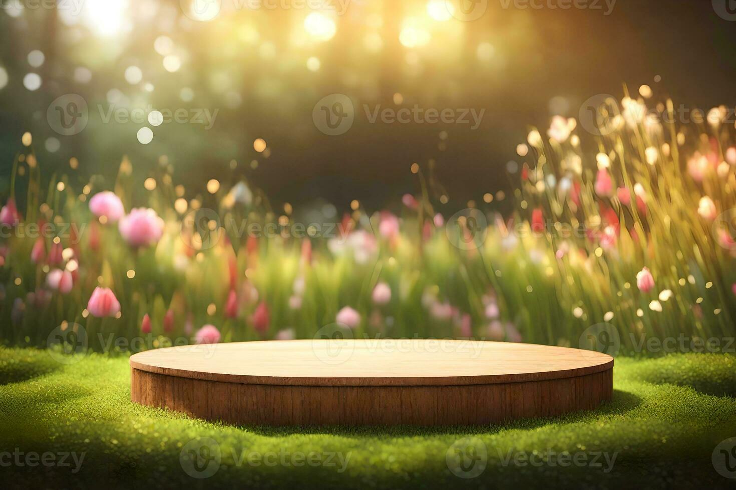 A Rustic Wooden Podium Surrounded By Flowers In The Outdoor Nature Scenery Premade Background AI Generative photo