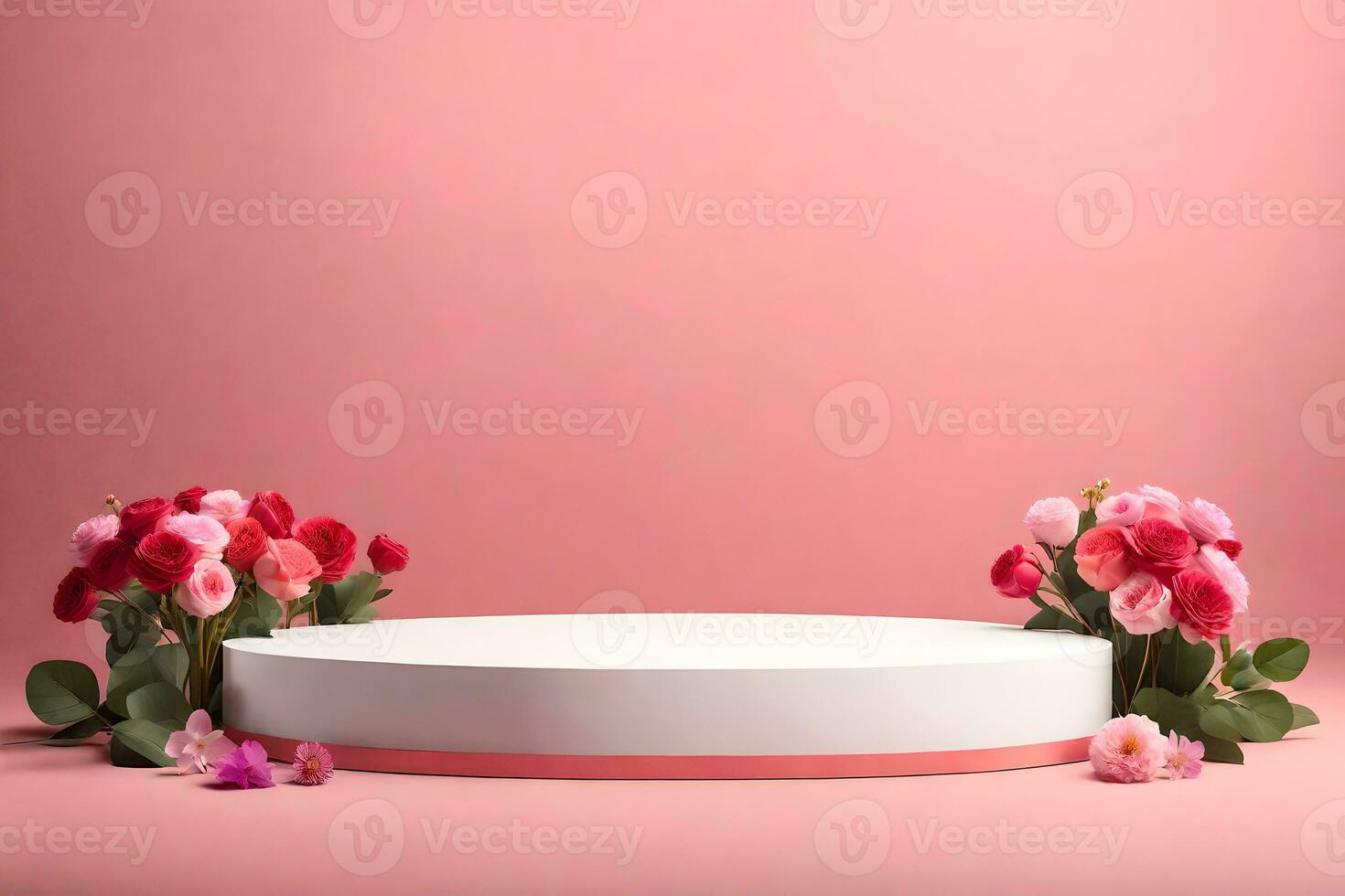 Simple 3D Pedestal Podium surrounded by sprinkled flowers for product display Photo Background AI Generative