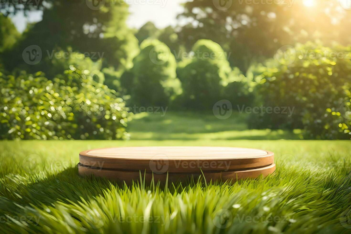 An Empty Rustic Wood Product Display Pedestal In The Middle Of A Grassfield Premade Photo Mockup Background AI Generative