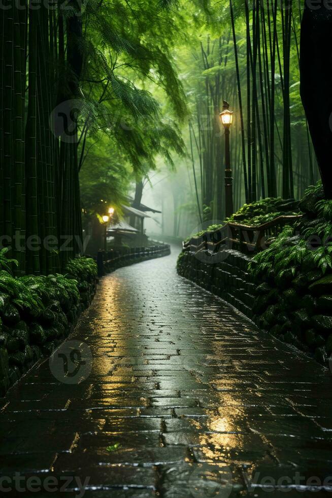 Foggy and rainy, bamboo forest. AI generative photo