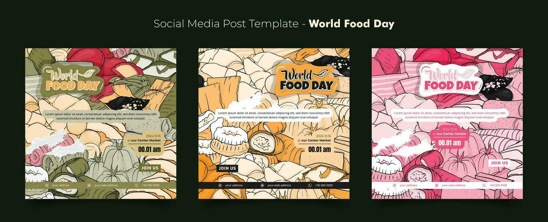 Set of social media template with doodle art of indonesian street food for world food day campaign vector