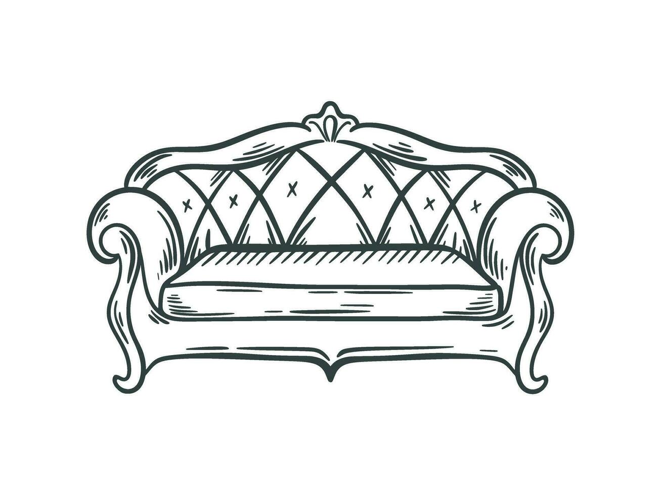 Soft sofa for room or apartment, interior item ink sketch vector