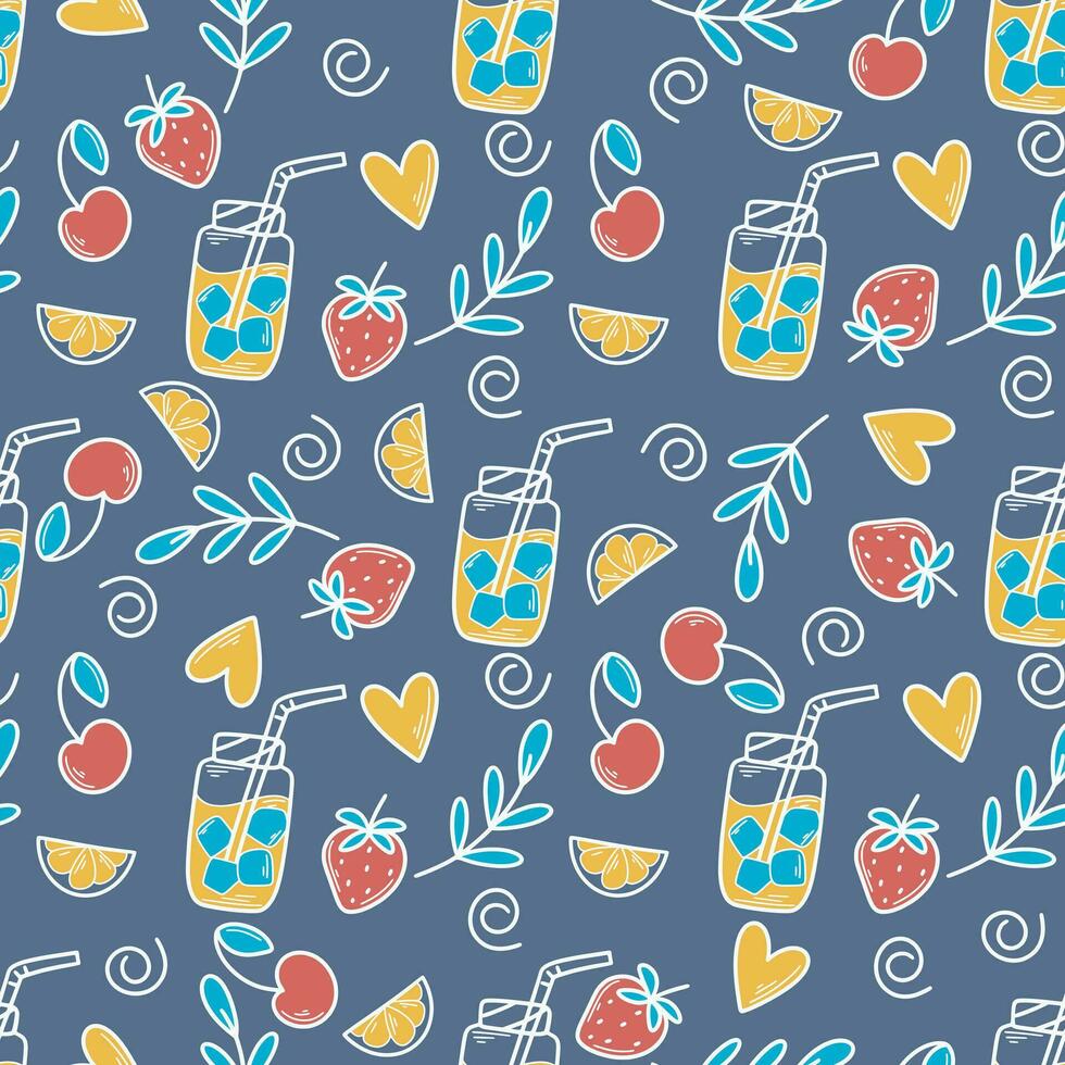 Strawberry and cherry smoothie in glass jar seamless pattern vector