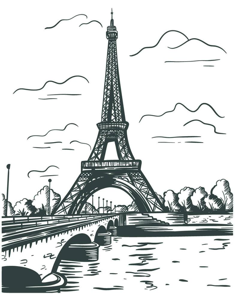 Eiffel Tower in Paris France ink sketch vector