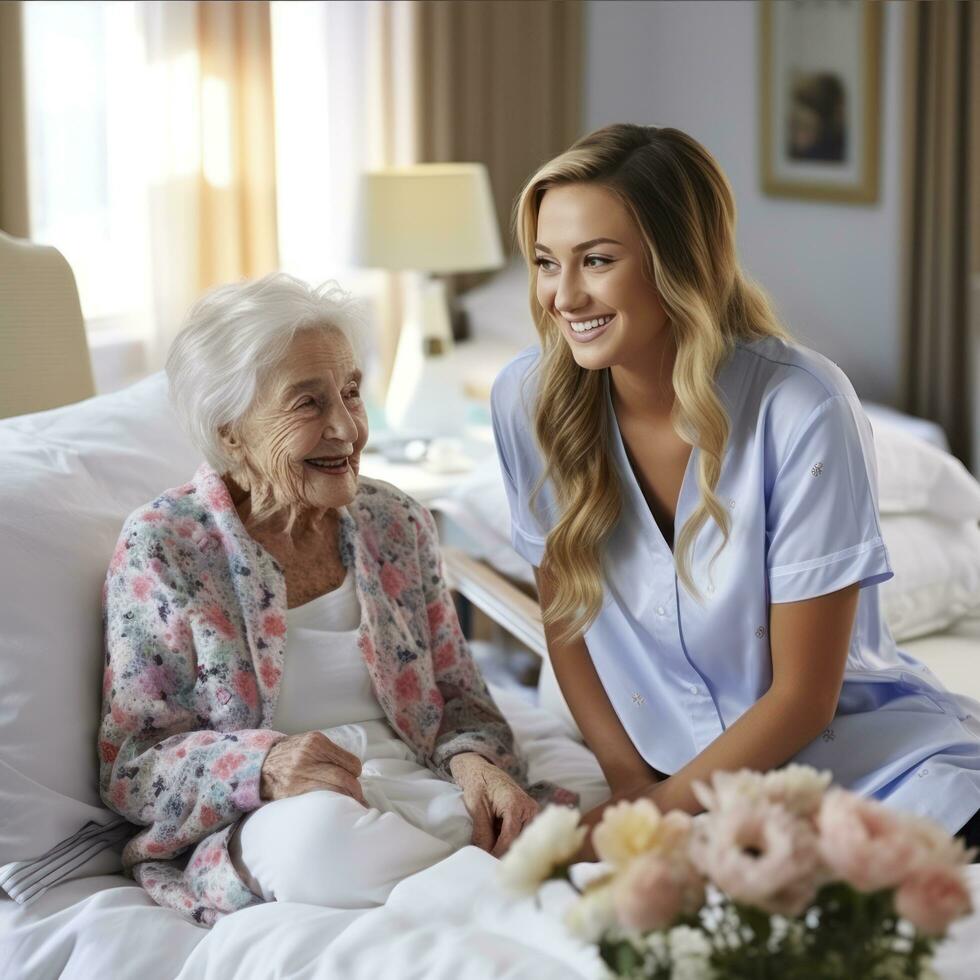 Senior patient receiving care from caregiver at home photo