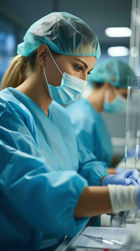 Nurse preparing injection with focus on syringe photo