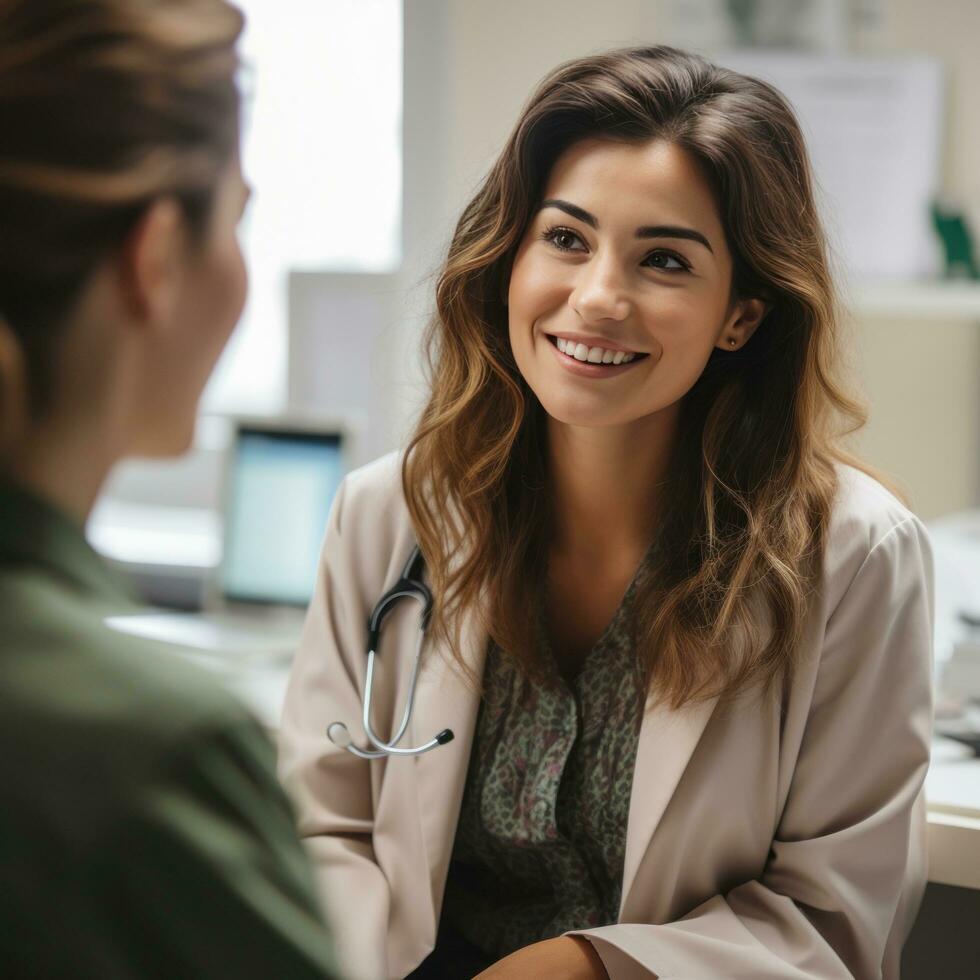 Female doctor consulting with patient in office photo