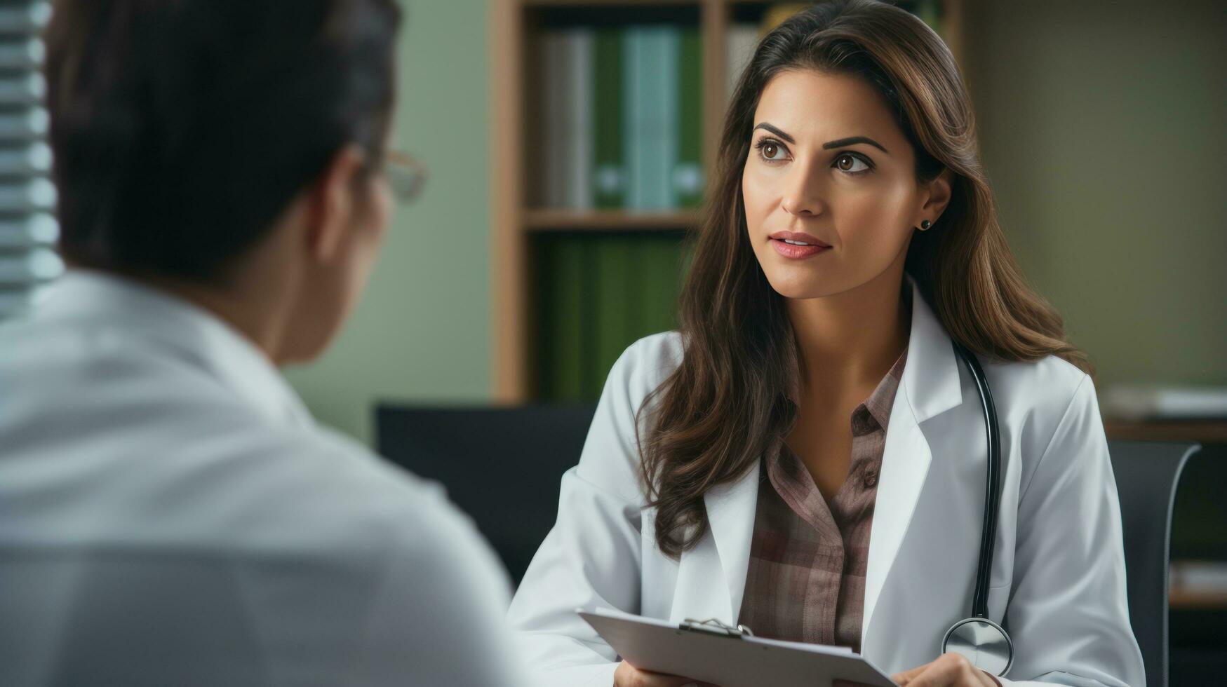Female doctor consulting with patient in office photo