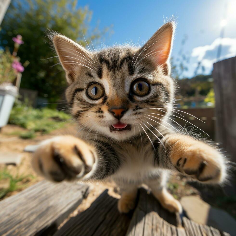 Playful kitten pawing at camera. photo