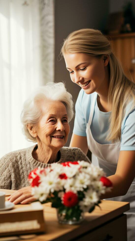 Senior patient receiving care from caregiver at home photo