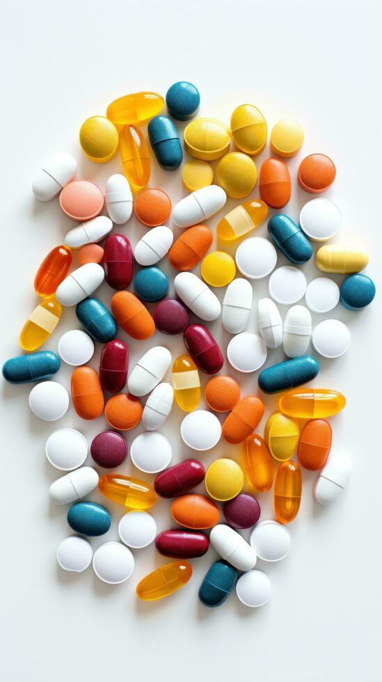 Close-up of pills and capsules on white background photo