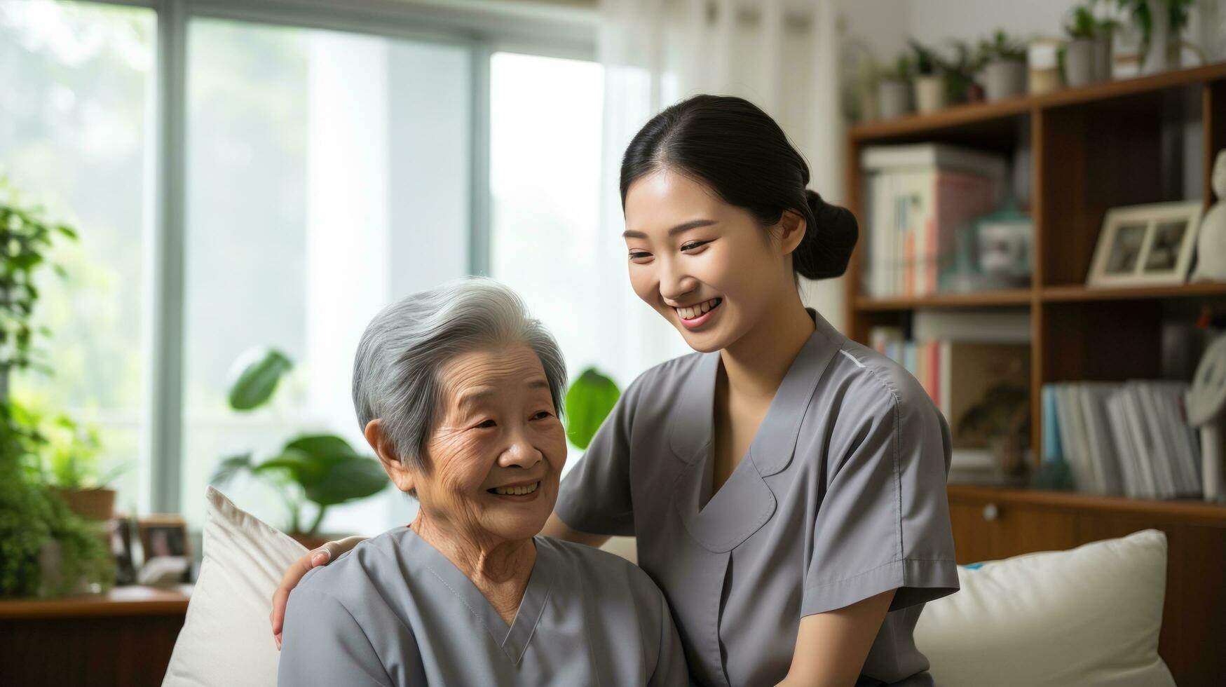Senior patient receiving care from caregiver at home photo