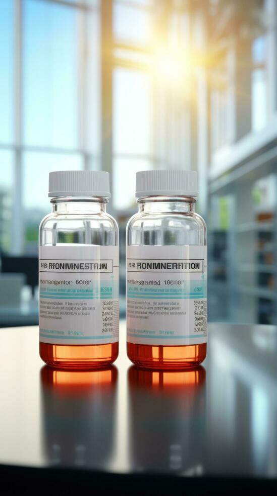 Medicine bottles with blurred hospital background photo