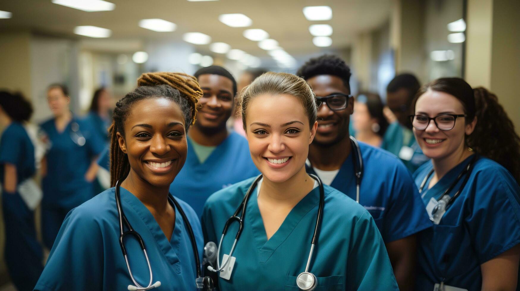 Group of diverse medical professionals in scrubs photo