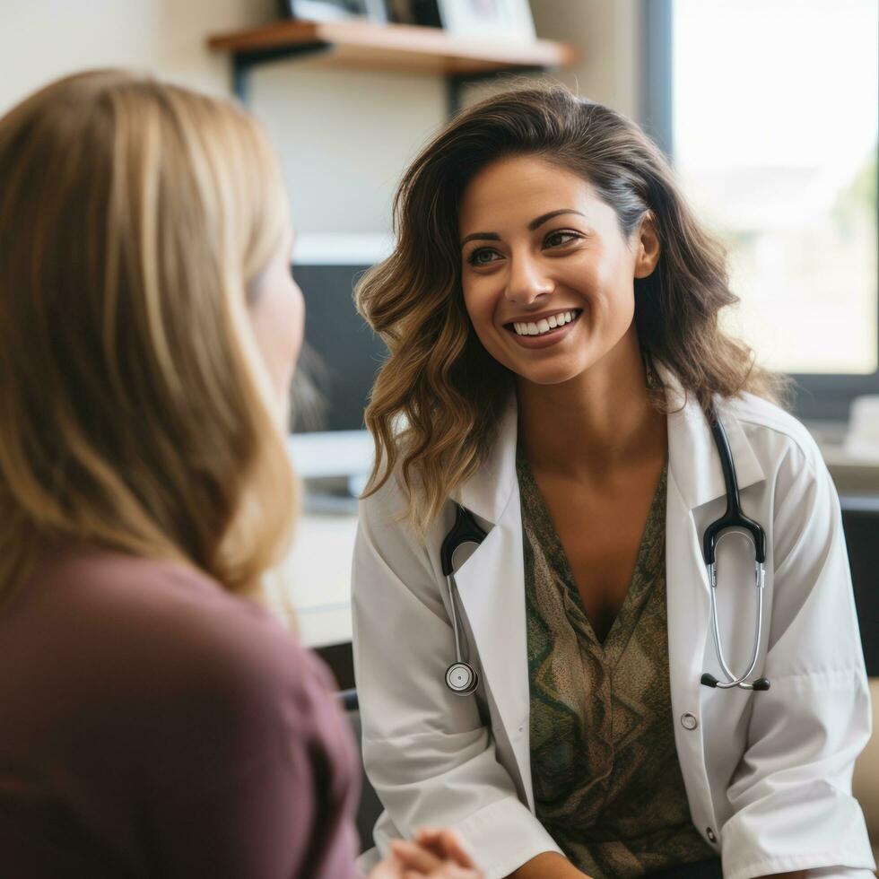 Female doctor consulting with patient in office photo