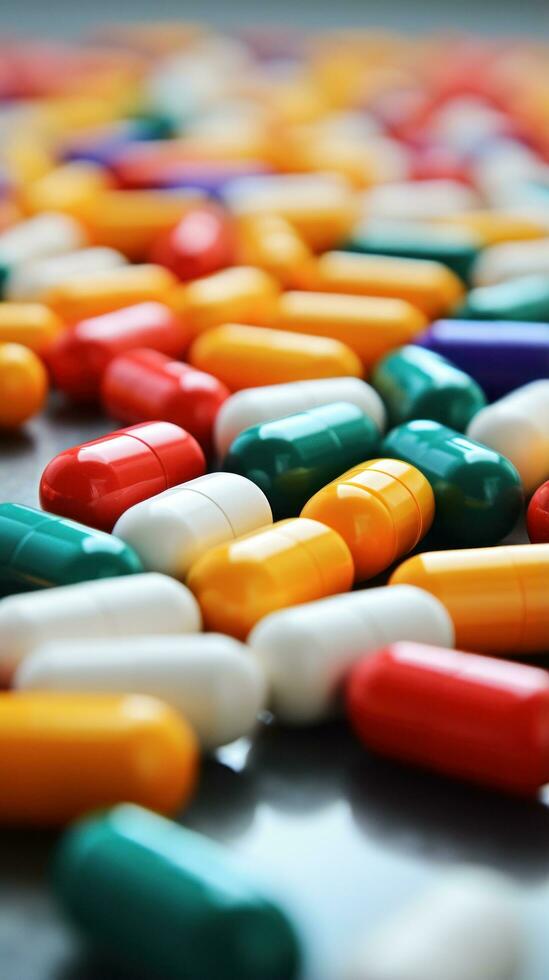 Close-up of pills and capsules on white background photo