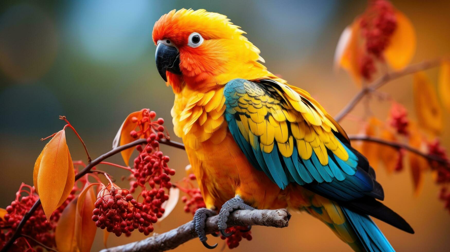 Colorful parrot perched on tree branch photo