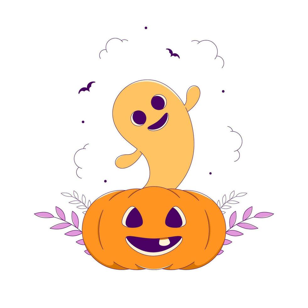 Lined Bold Halloween Pumpkin with Ghost, Cartoon Character vector