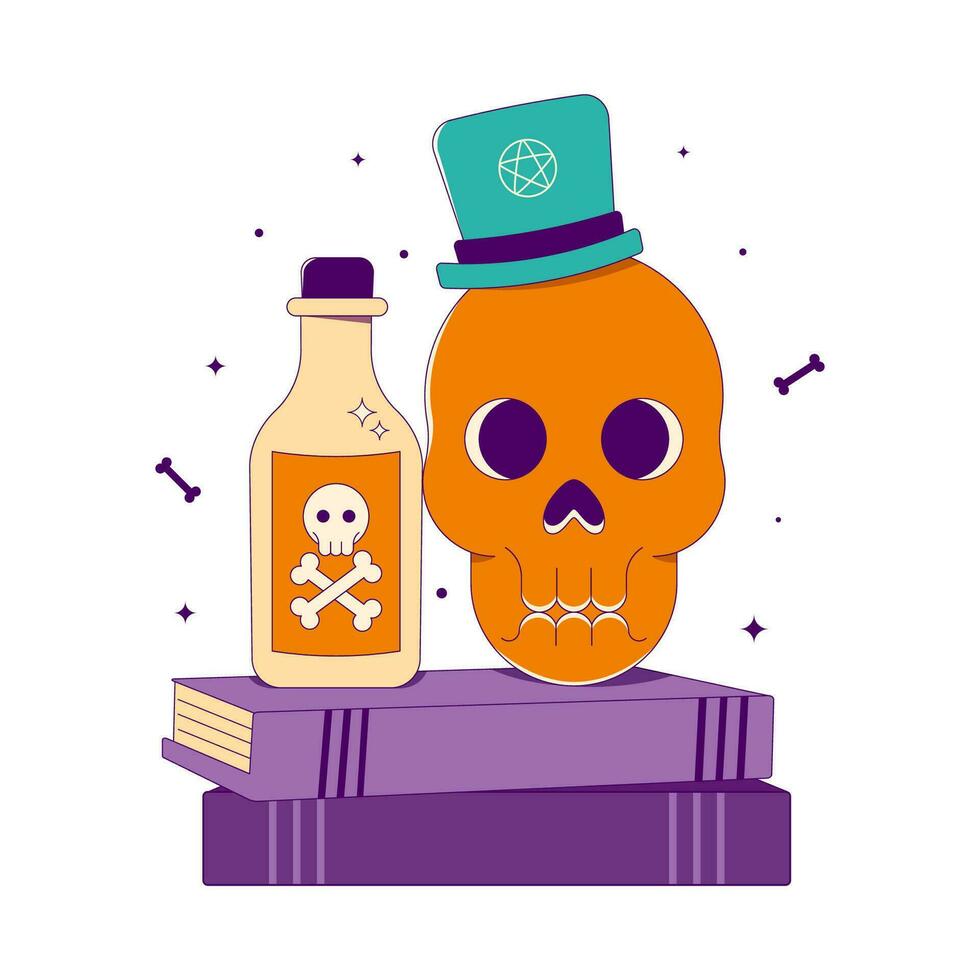 Lined Skull with Witchy Hat and Posion Bottle vector