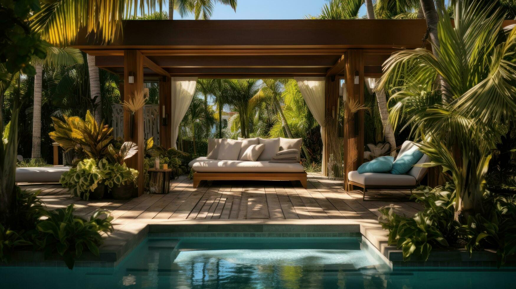 Stylish poolside cabanas with lush tropical foliage. photo