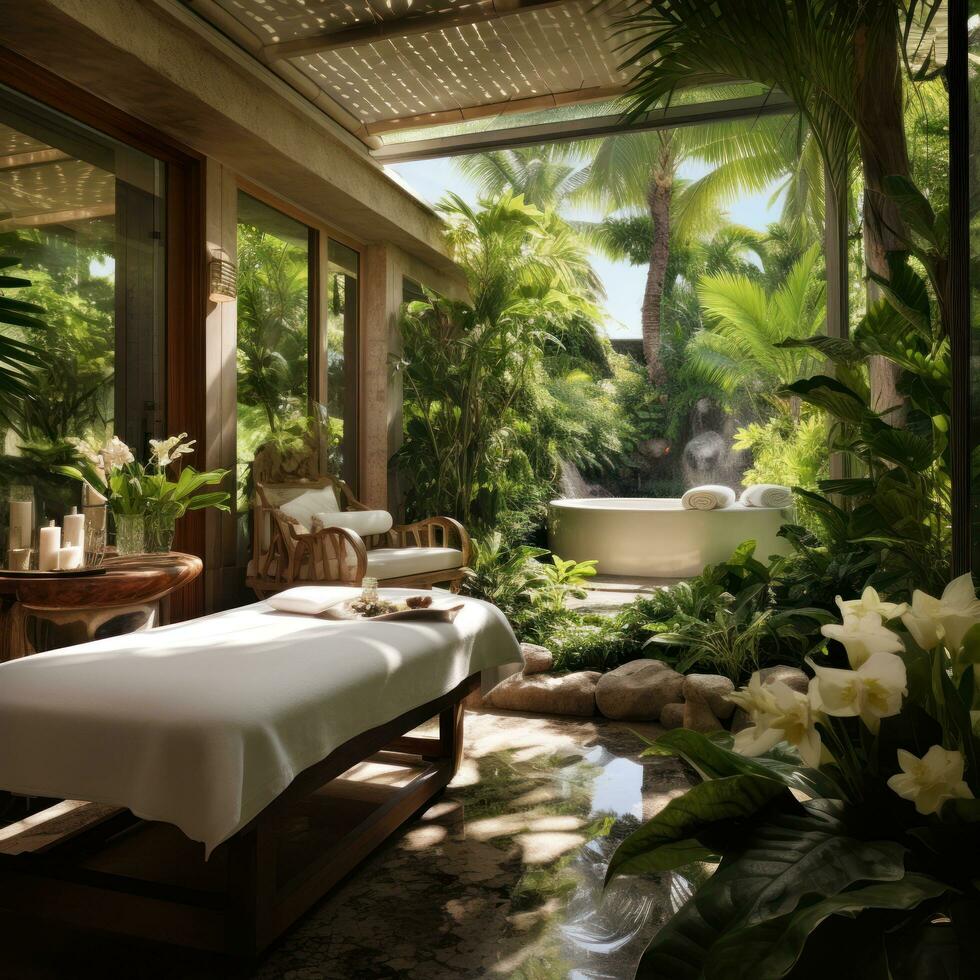 Spa treatment with tropical garden backdrop photo
