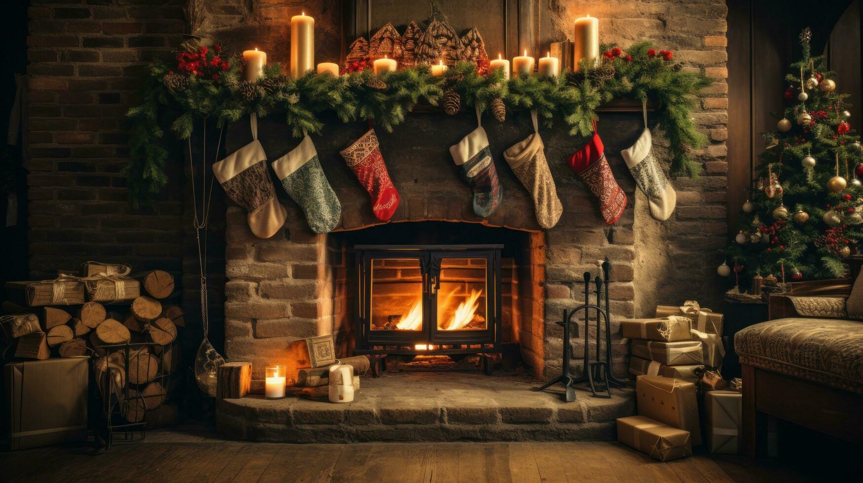 Cozy fireplace with stockings and decorations photo