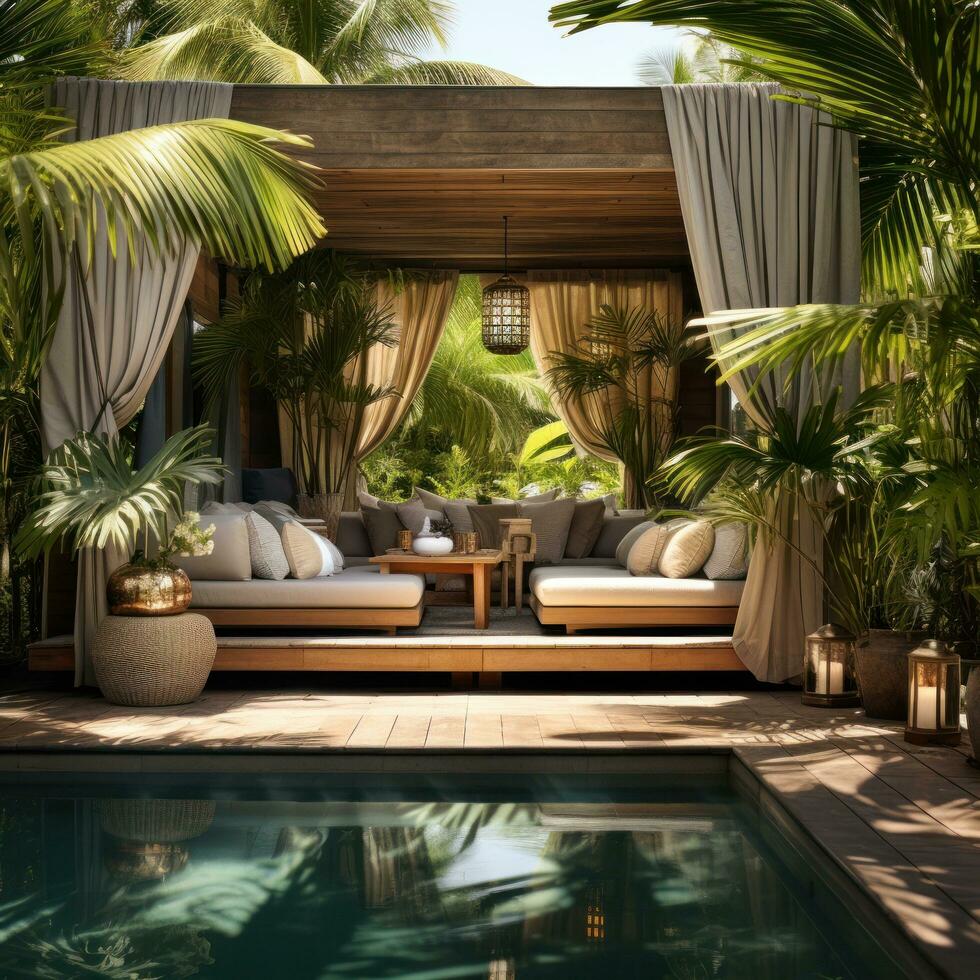 Stylish poolside cabanas with lush tropical foliage. photo