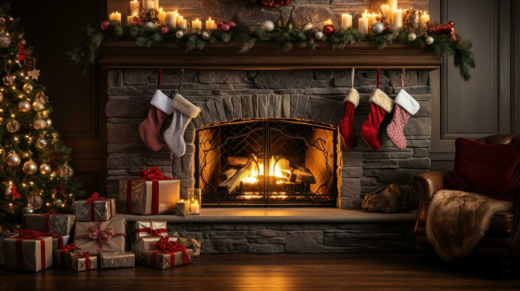 Cozy fireplace with stockings and decorations photo