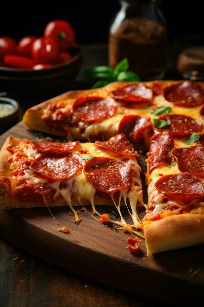 caseoso y sabroso pepperoni Pizza rebanada foto